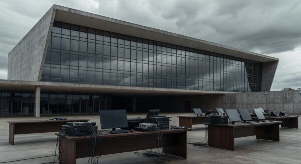 Edifício da CLDF em Brasília com sala de audiência vazia e equipamentos técnicos falhando, representando revés no Iges-DF.