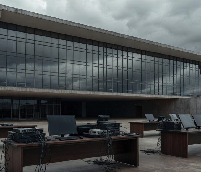 Edifício da CLDF em Brasília com sala de audiência vazia e equipamentos técnicos falhando, representando revés no Iges-DF.