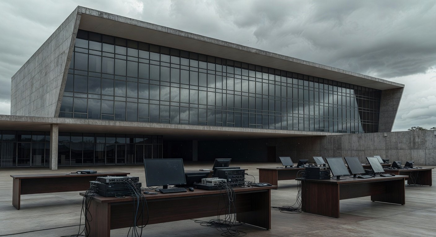 Edifício da CLDF em Brasília com sala de audiência vazia e equipamentos técnicos falhando, representando revés no Iges-DF.