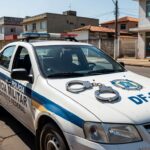 Viatura da Polícia Militar em rua de Taguatinga, representando prisão por agressão e tentativa de atropelamento.