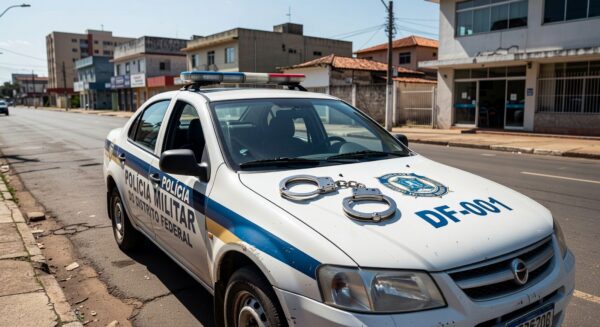Viatura da Polícia Militar em rua de Taguatinga, representando prisão por agressão e tentativa de atropelamento.