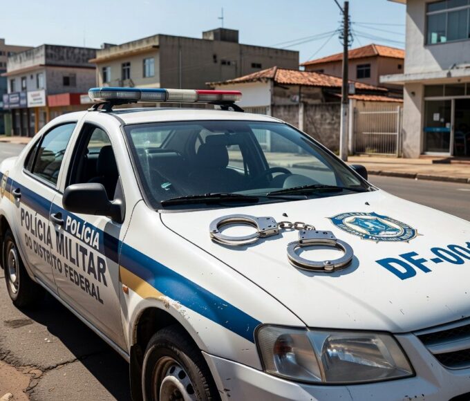 Viatura da Polícia Militar em rua de Taguatinga, representando prisão por agressão e tentativa de atropelamento.
