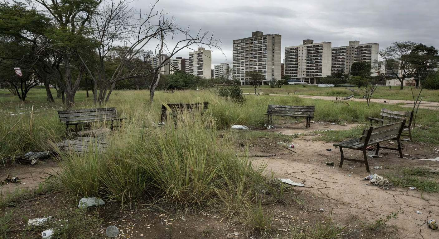 Vista de Águas Claras com prédios altos e falhas na urbanização como ruas danificadas e pouca vegetação.
