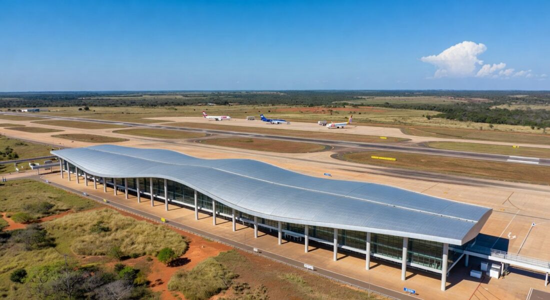 Vista do Aeroporto de Brasília com terminal e pistas, representando priorização de leilão pelo governo.