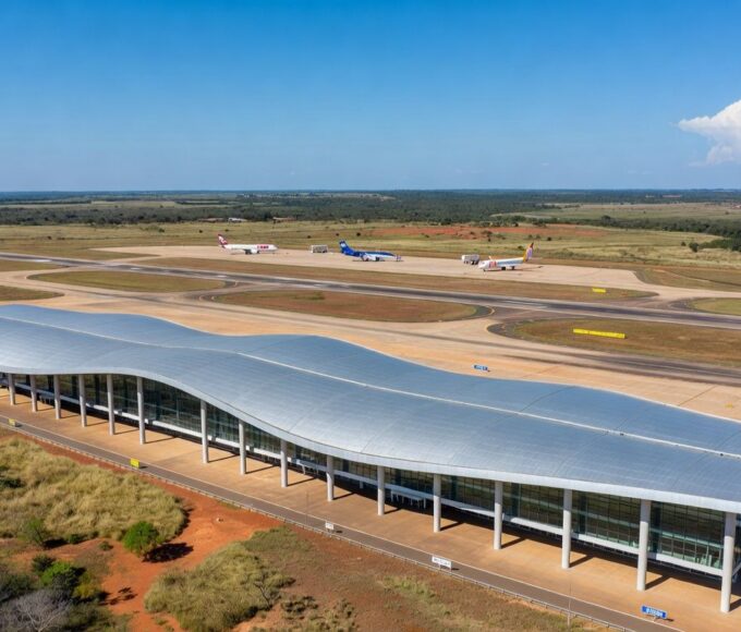 Vista do Aeroporto de Brasília com terminal e pistas, representando priorização de leilão pelo governo.