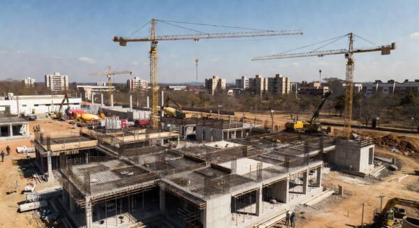 Construção do Hospital do Recanto das Emas com 96% da fundação concluída, avançando para segunda etapa.