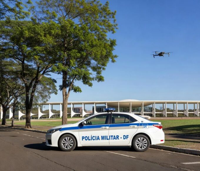 Viatura da PMDF em rua da Asa Norte, Brasília, com drone no céu durante Operação Presença.