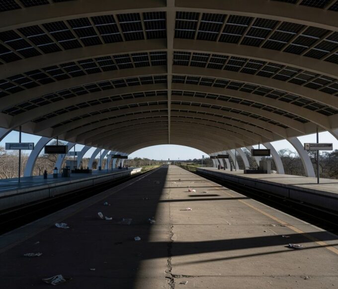 Estação de metrô em Brasília com plataformas vazias e trens parados, ilustrando ineficiências no Metrô-DF.