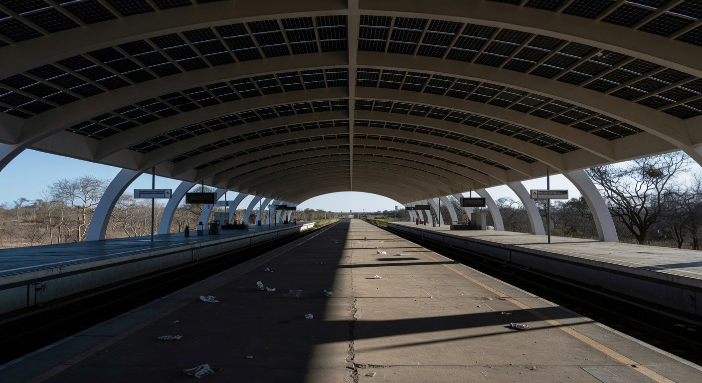 Estação de metrô em Brasília com plataformas vazias e trens parados, ilustrando ineficiências no Metrô-DF.