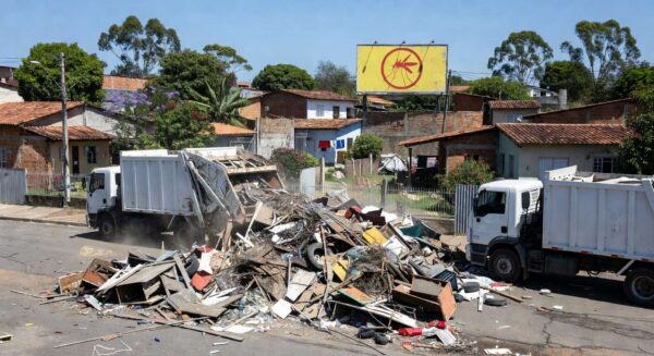 Remoção de 1,2 mil toneladas de entulhos no Riacho Fundo II para combater a dengue, com caminhões e pilhas de detritos em rua urbana.