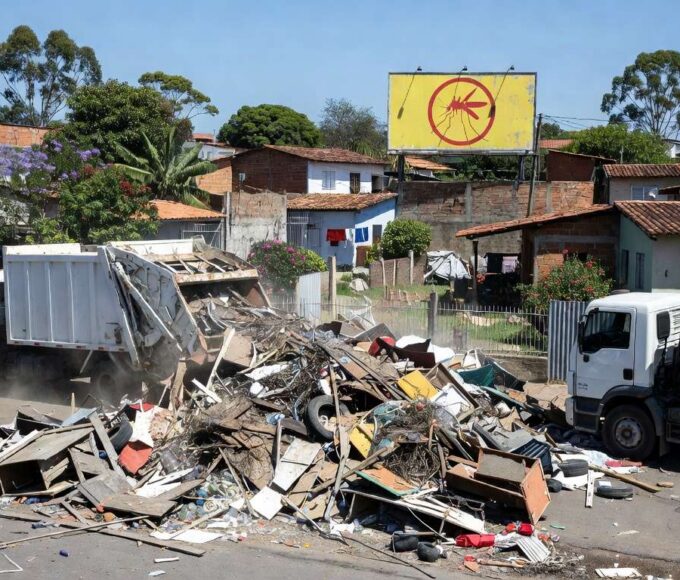 Remoção de 1,2 mil toneladas de entulhos no Riacho Fundo II para combater a dengue, com caminhões e pilhas de detritos em rua urbana.