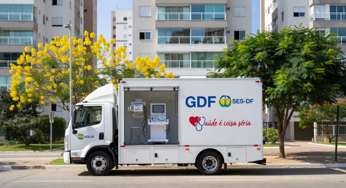 Carreta para exames de imagem do programa Agora Tem Especialistas em rua de Taguatinga, DF.