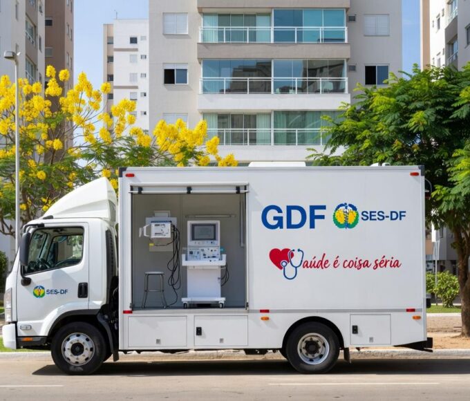 Carreta para exames de imagem do programa Agora Tem Especialistas em rua de Taguatinga, DF.