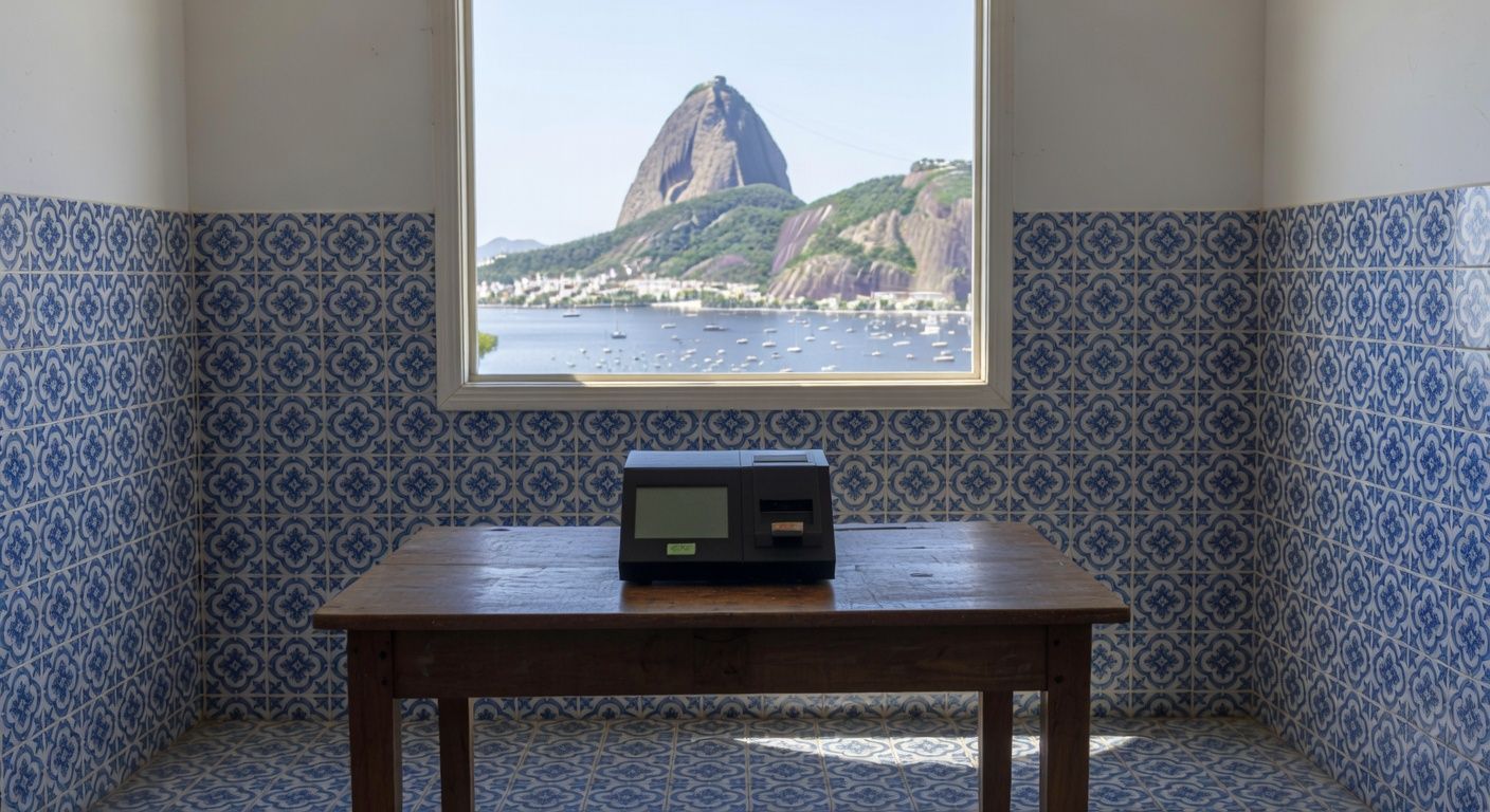 Urna eletrônica em seção eleitoral vazia no Rio de Janeiro, representando eleições diretas para mandato tampão.