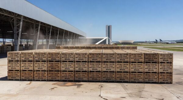 Caixas de vacinas contra Covid-19 enviadas pelo Ministério da Saúde ao Distrito Federal, em centro de distribuição em Brasília.