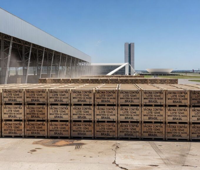 Caixas de vacinas contra Covid-19 enviadas pelo Ministério da Saúde ao Distrito Federal, em centro de distribuição em Brasília.