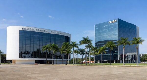 Edifícios financeiros em Brasília representando aquisição de ativos bancários por R$ 15 bilhões.