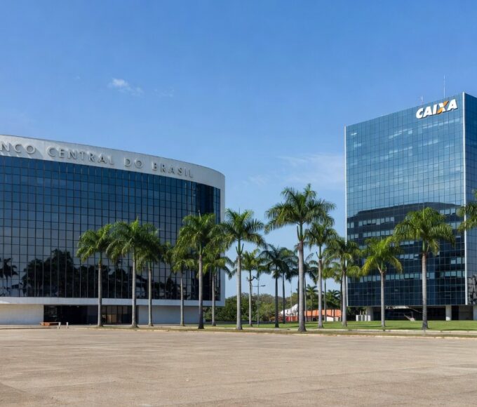 Edifícios financeiros em Brasília representando aquisição de ativos bancários por R$ 15 bilhões.