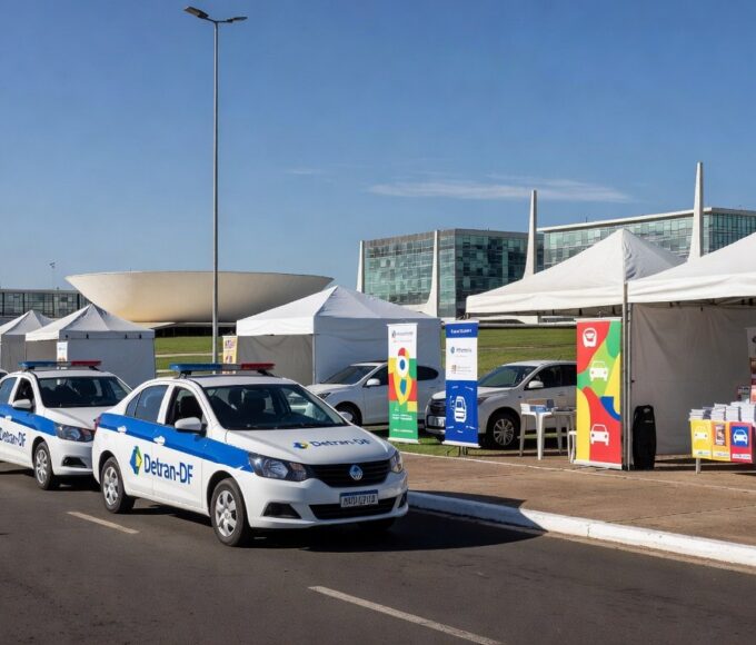 Ação educativa do Detran-DF em rua de Brasília, com viaturas e materiais sobre segurança no trânsito.
