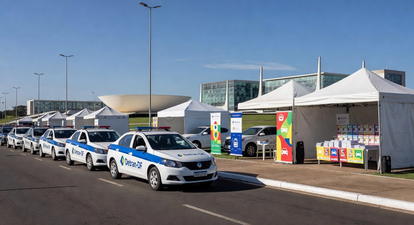 Ação educativa do Detran-DF em rua de Brasília, com viaturas e materiais sobre segurança no trânsito.