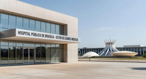 Fachada de hospital público em Brasília representando fila para colonoscopias na rede pública.