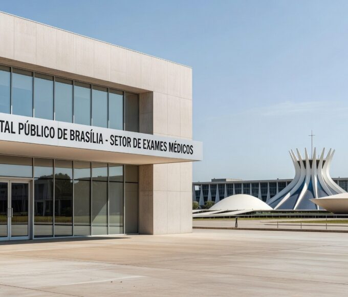 Fachada de hospital público em Brasília representando fila para colonoscopias na rede pública.
