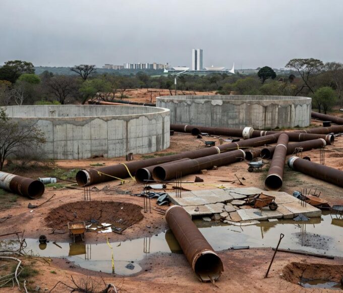 Obras de abastecimento de água em Brasília com paisagem seca ao fundo, destacando escassez hídrica no DF.