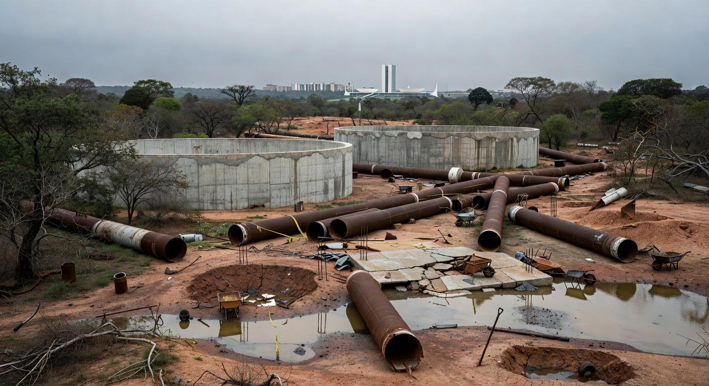 Obras de abastecimento de água em Brasília com paisagem seca ao fundo, destacando escassez hídrica no DF.