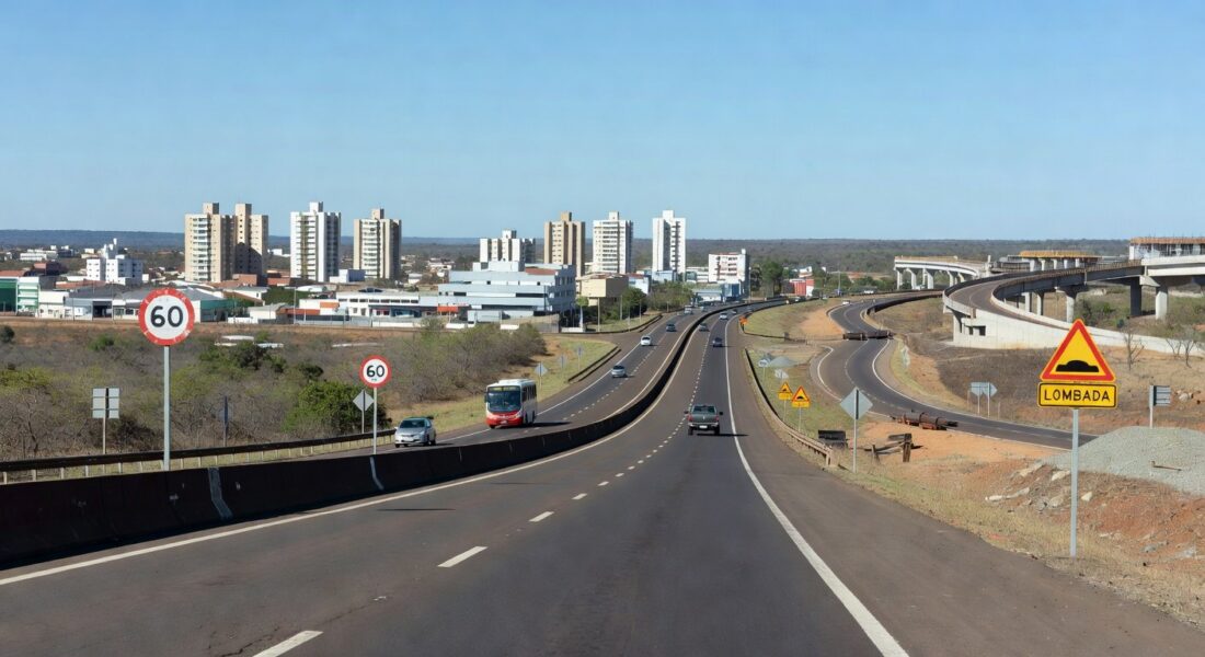 Rodovia BR-070 entre Taguatinga e Ceilândia no DF, com veículos e paisagem urbana, representando estudos para viadutos.