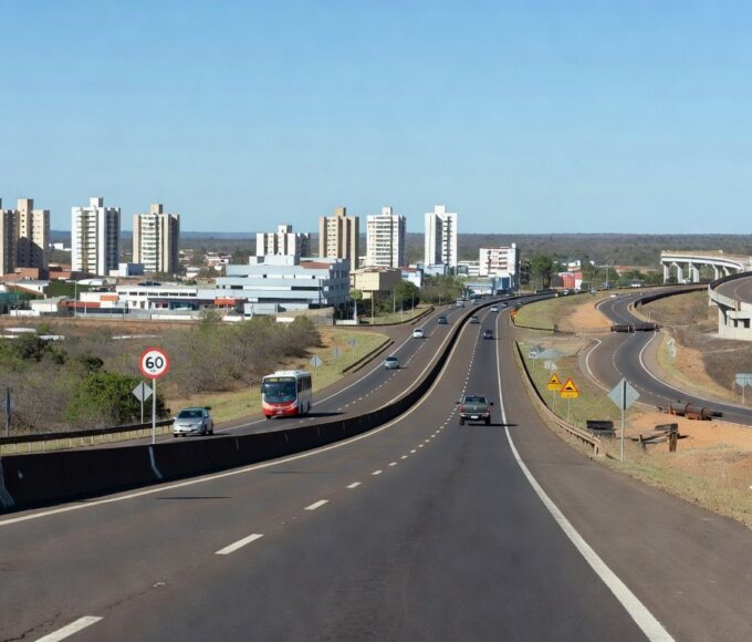 Rodovia BR-070 entre Taguatinga e Ceilândia no DF, com veículos e paisagem urbana, representando estudos para viadutos.