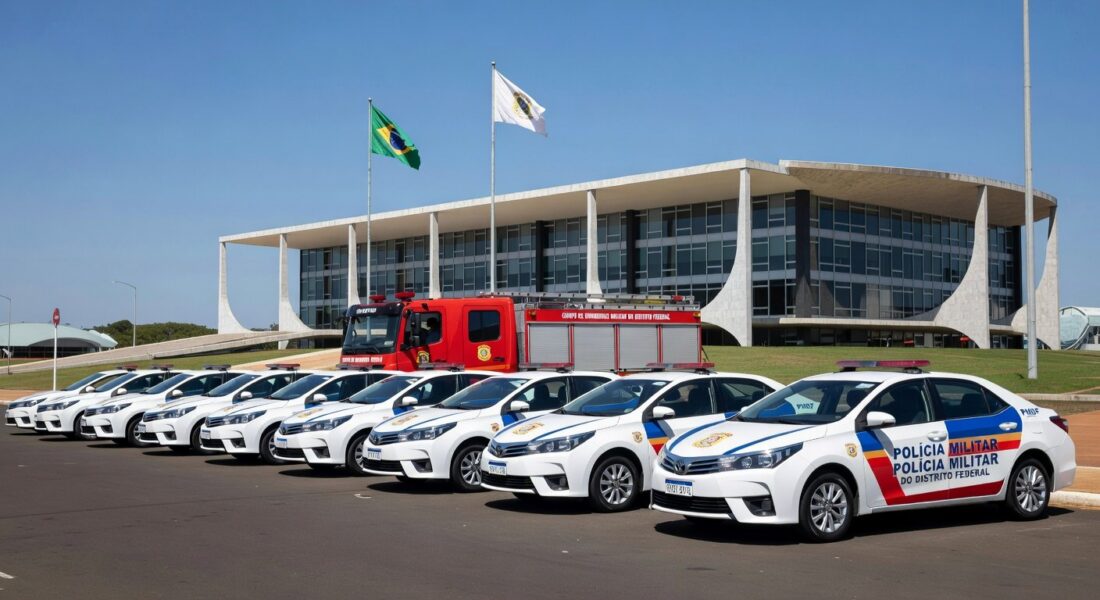 Viaturas da PMDF e CBMDF em frente ao Palácio do Buriti, representando decreto de promoções aceleradas na polícia e bombeiros do DF.