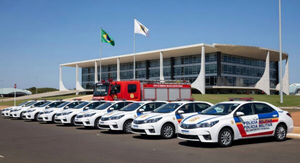 Viaturas da PMDF e CBMDF em frente ao Palácio do Buriti, representando decreto de promoções aceleradas na polícia e bombeiros do DF.