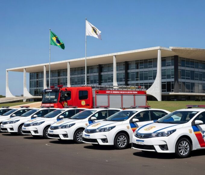 Viaturas da PMDF e CBMDF em frente ao Palácio do Buriti, representando decreto de promoções aceleradas na polícia e bombeiros do DF.