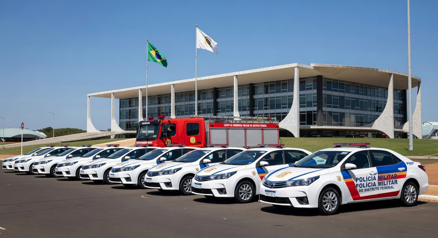 Viaturas da PMDF e CBMDF em frente ao Palácio do Buriti, representando decreto de promoções aceleradas na polícia e bombeiros do DF.