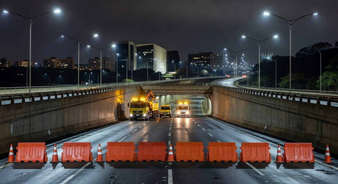 Imagem noturna do Buraco do Tatu interditado para manutenção de câmeras em Brasília, com cones e barreiras.