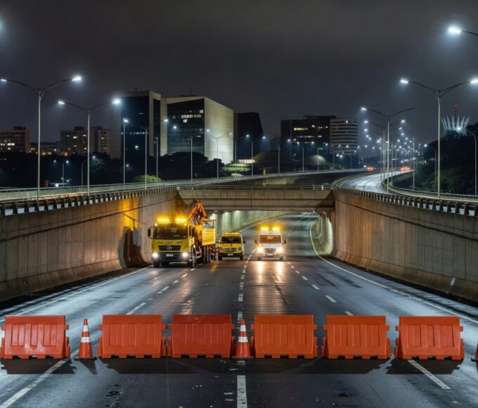 Imagem noturna do Buraco do Tatu interditado para manutenção de câmeras em Brasília, com cones e barreiras.
