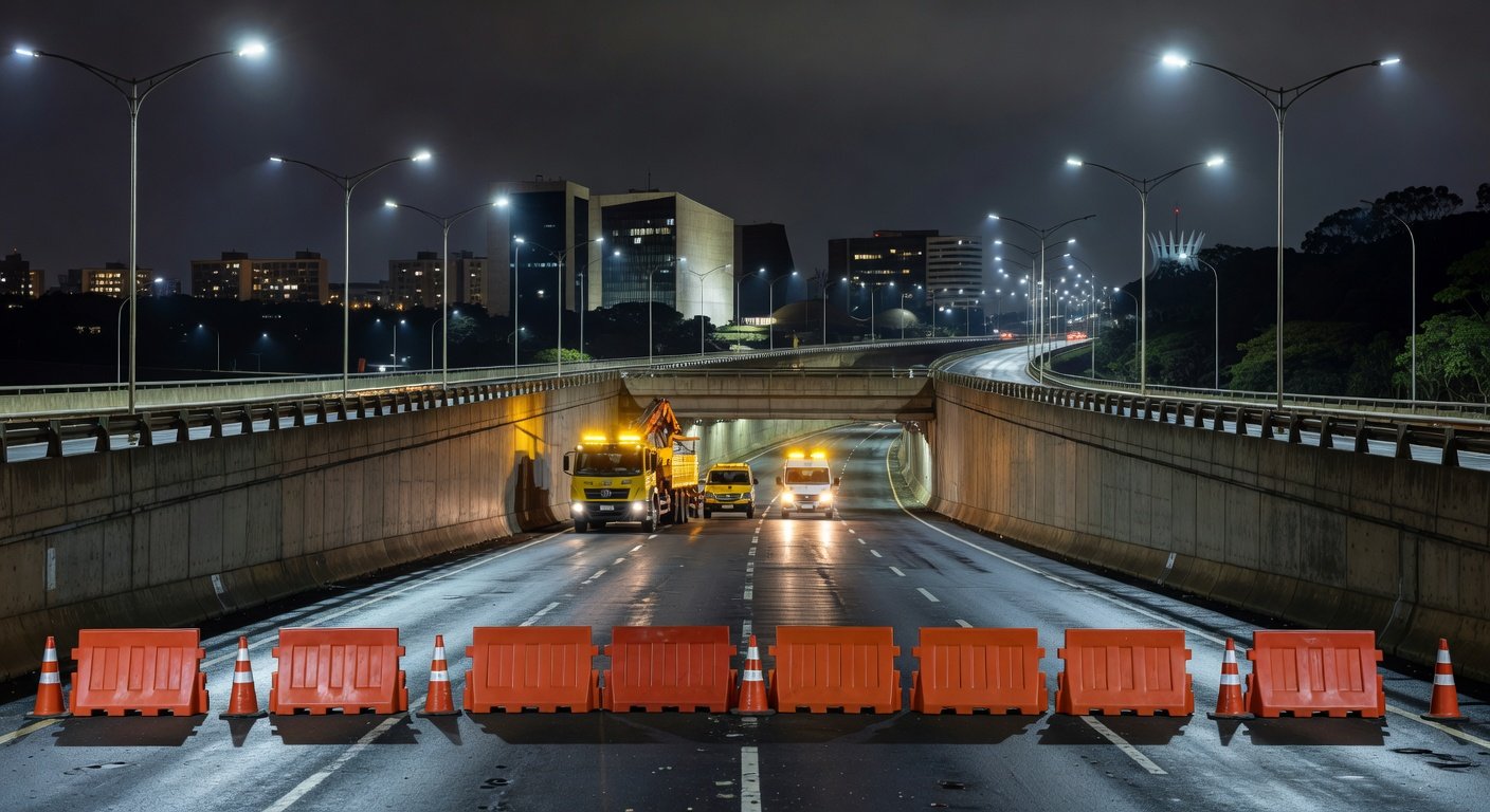 Imagem noturna do Buraco do Tatu interditado para manutenção de câmeras em Brasília, com cones e barreiras.