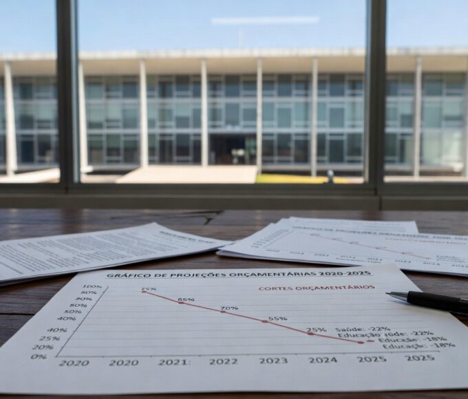 Imagem do Palácio do Buriti em Brasília, com documentos simbolizando decreto de cortes em contratos no DF.