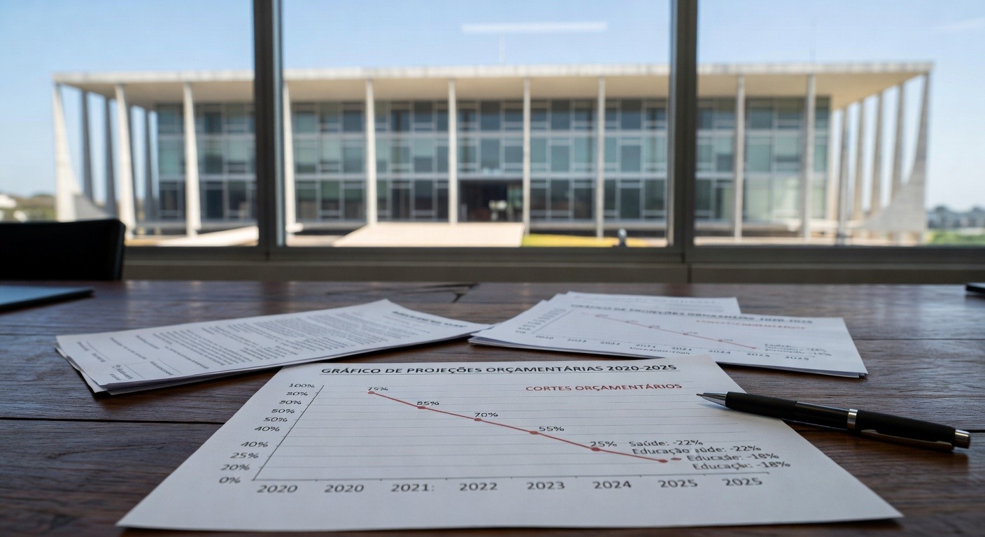 Imagem do Palácio do Buriti em Brasília, com documentos simbolizando decreto de cortes em contratos no DF.