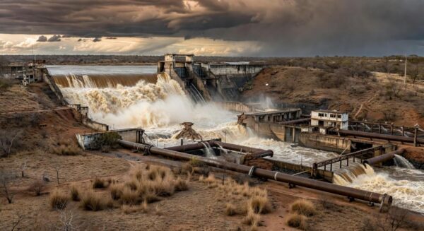 Barragem de Santa Maria transbordando no DF, expondo fragilidades no abastecimento de água.
