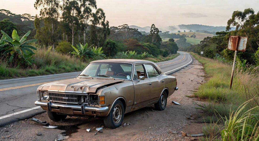 Carro antigo danificado em estrada brasileira, representando conclusão de assassinato de Juscelino Kubitschek pela ditadura militar.