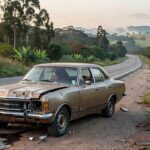 Carro antigo danificado em estrada brasileira, representando conclusão de assassinato de Juscelino Kubitschek pela ditadura militar.