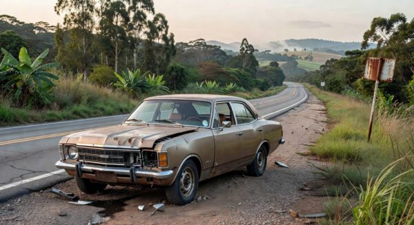 Carro antigo danificado em estrada brasileira, representando conclusão de assassinato de Juscelino Kubitschek pela ditadura militar.