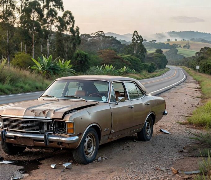 Carro antigo danificado em estrada brasileira, representando conclusão de assassinato de Juscelino Kubitschek pela ditadura militar.