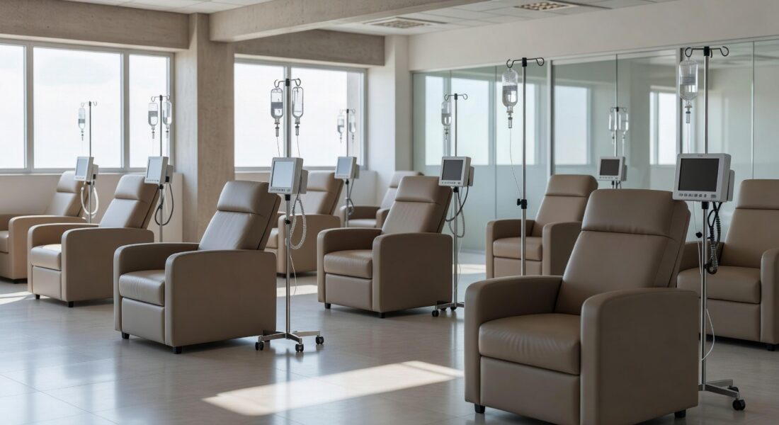 Sala de infusão precária com equipamentos no Hospital de Base do DF