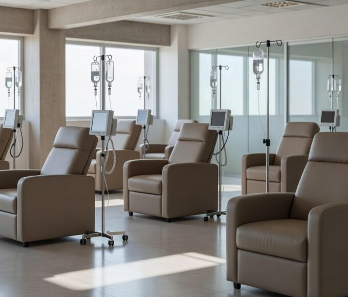 Sala de infusão precária com equipamentos no Hospital de Base do DF