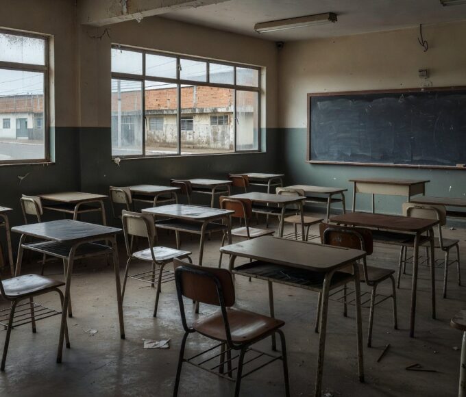 Sala de aula deteriorada representando falta de recursos na educação de jovens e adultos