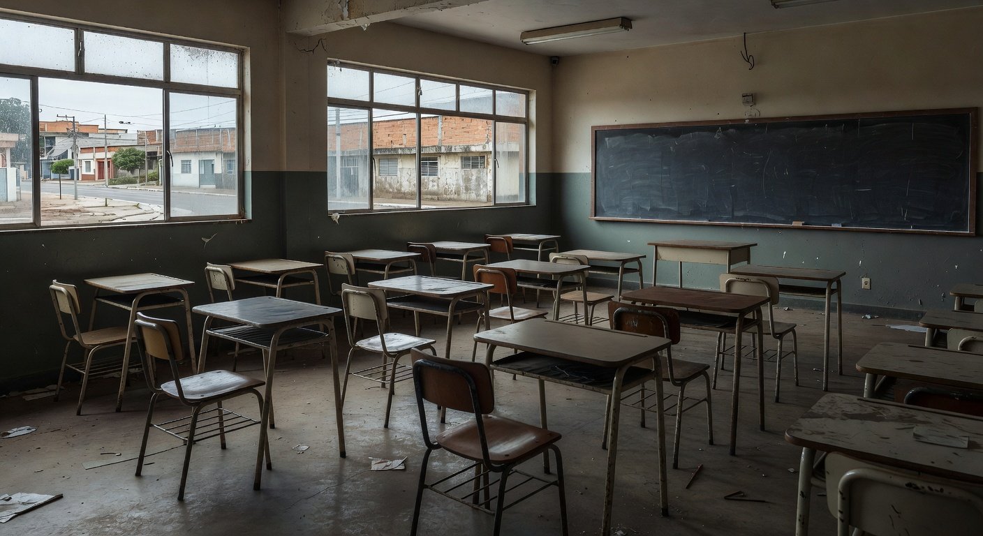 Sala de aula deteriorada representando falta de recursos na educação de jovens e adultos