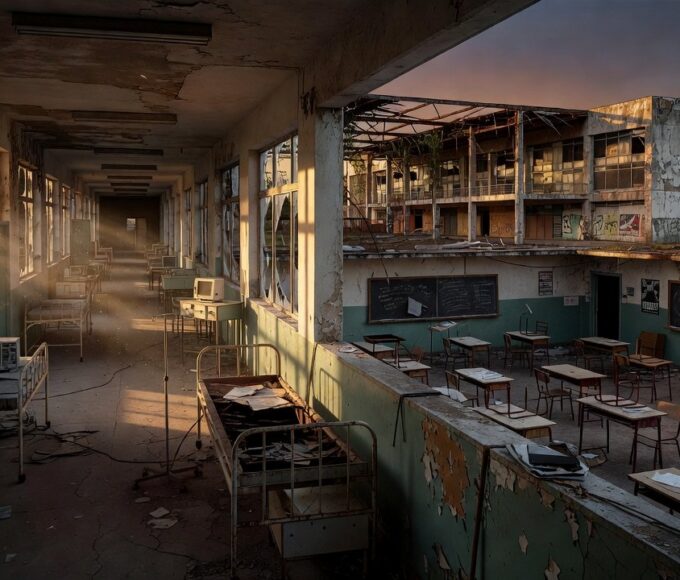 Prédio público abandonado em Brasília representando colapso na educação, saúde e cultura no DF