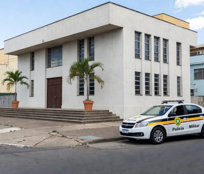 Viatura da Polícia Militar em frente a fórum de justiça no Brasil